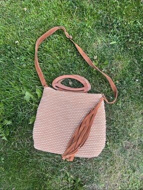 World Market Woven Tan Crossbody Shoulder Bag with Fringe